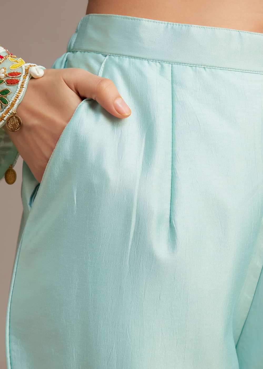 Sky Blue Silk Kurta Set With Mirror And Thread Work