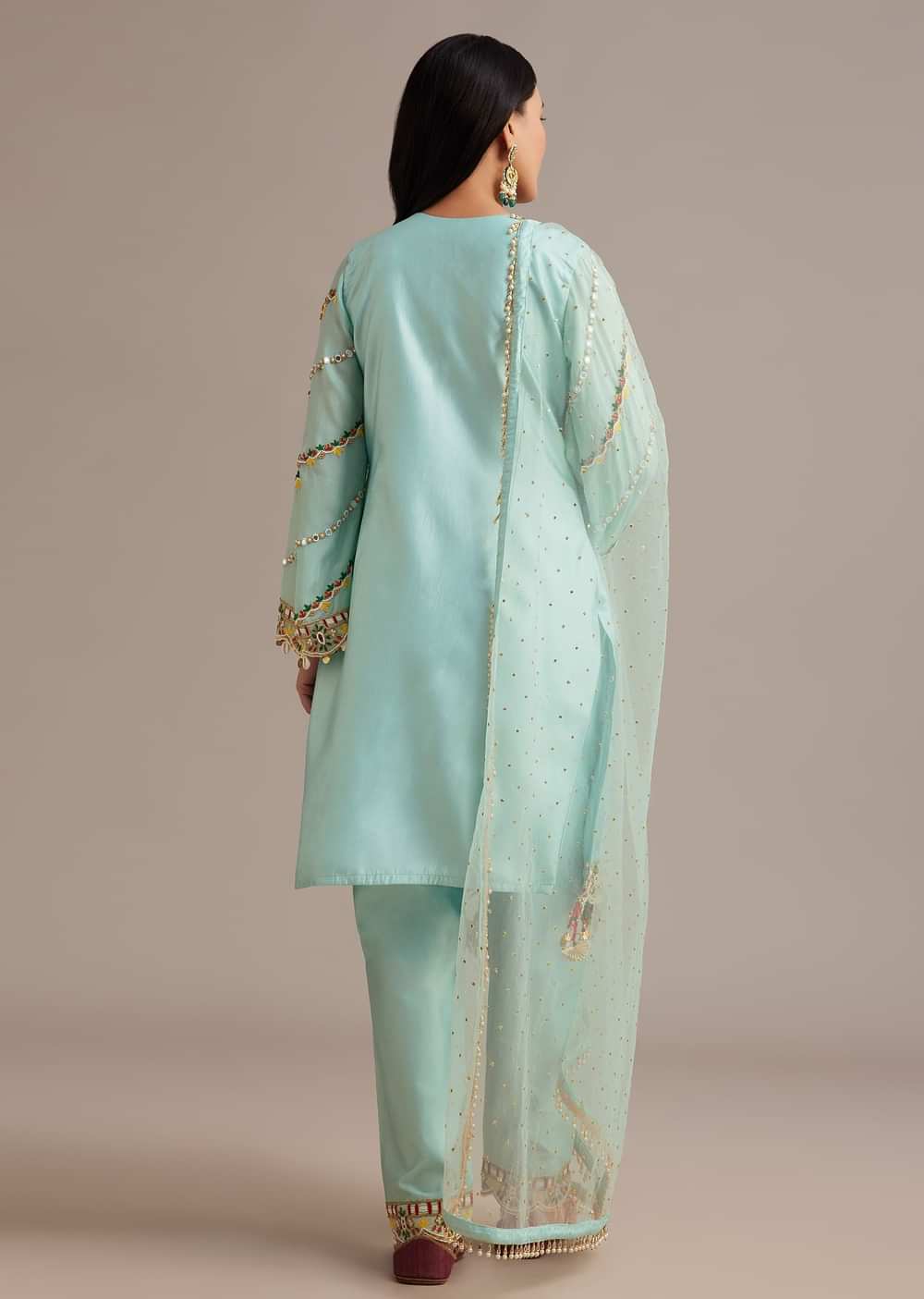 Sky Blue Silk Kurta Set With Mirror And Thread Work