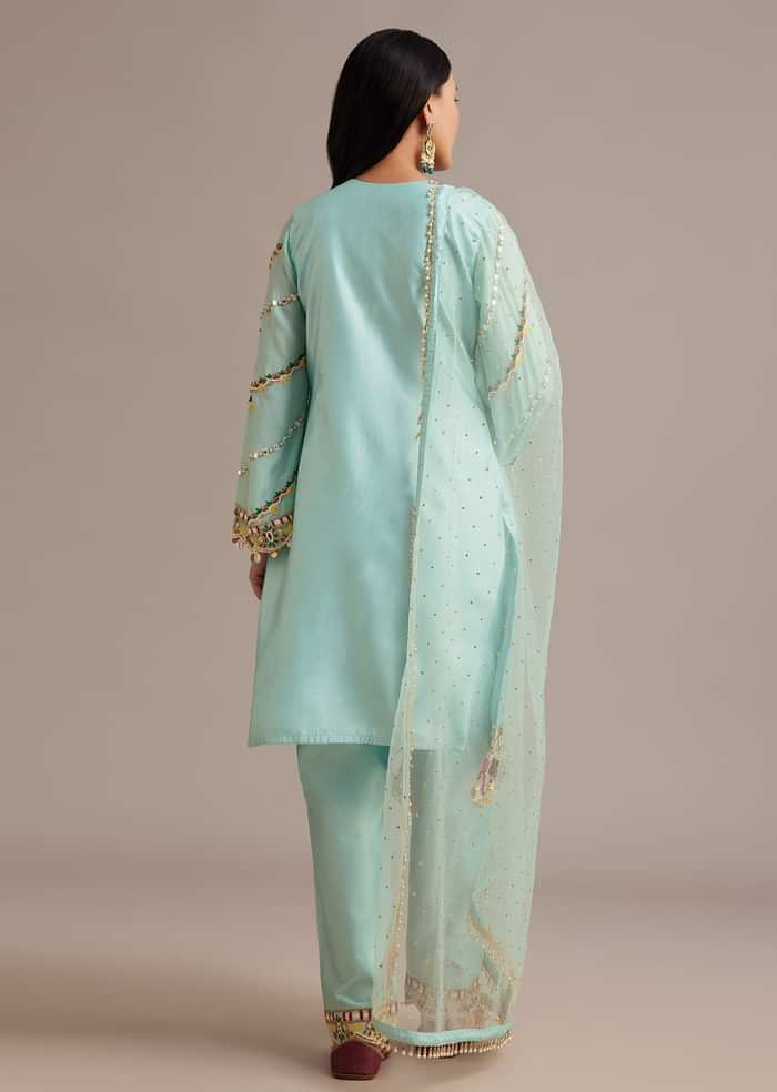 Sky Blue Silk Kurta Set With Mirror And Thread Work