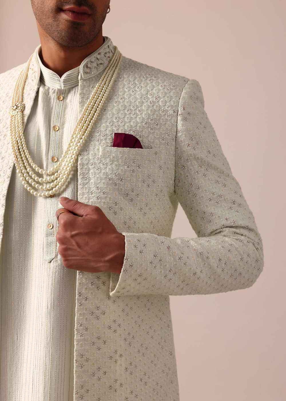 Sky Blue Silk Sherwani Set With Intricate Embroidery