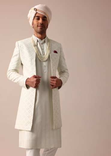Sky Blue Silk Sherwani Set With Intricate Embroidery