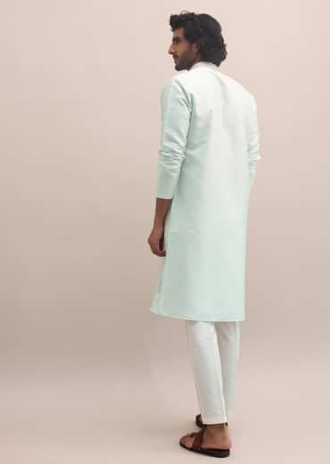 Light Pista Thread Embroidered Cotton Silk Kurta Set For Men