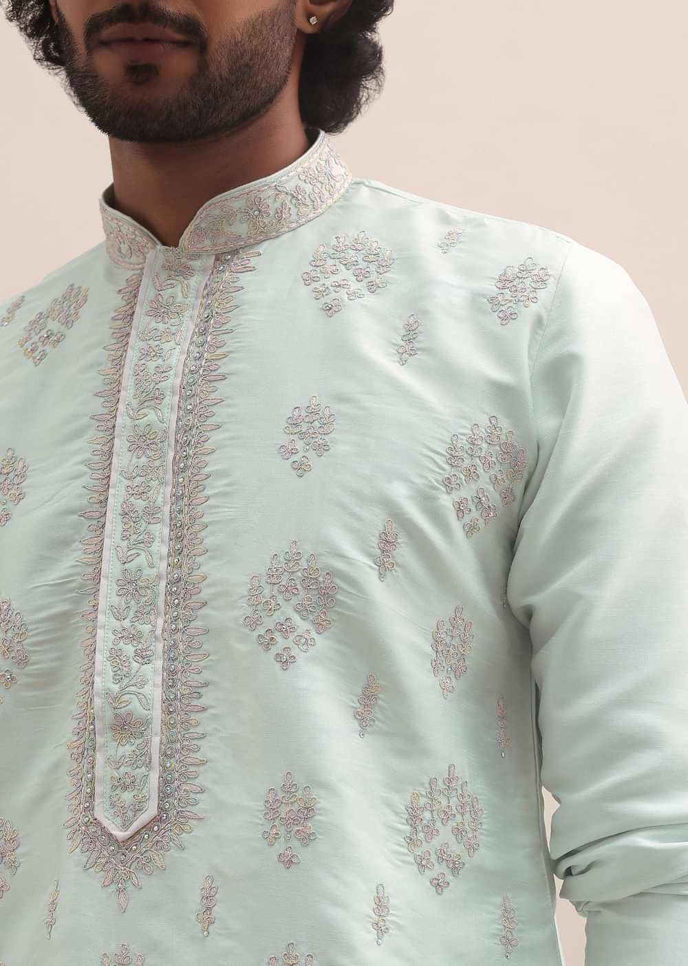 Light Pista Thread Embroidered Cotton Silk Kurta Set For Men