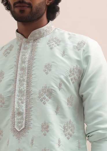 Light Pista Thread Embroidered Cotton Silk Kurta Set For Men