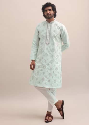 Light Pista Thread Embroidered Cotton Silk Kurta Set For Men