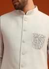 Sky Blue Zardosi Embroidered Jacket Kurta Set In Linen
