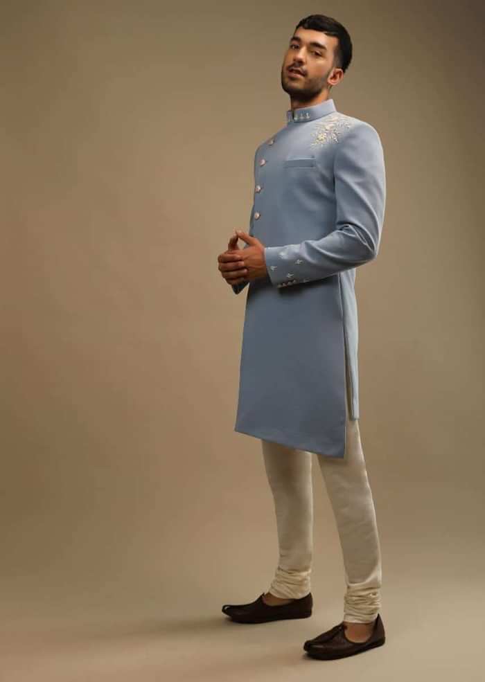 Skyway Blue Sherwani Set With Zardosi And Sequins Embroidered Floral Motifs And Off Centre Placket