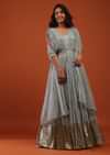 Slate Blue Georgette Anarkali Suit In Sequins And Sali Work