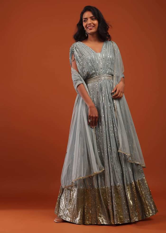 Slate Blue Georgette Anarkali Suit In Sequins And Sali Work