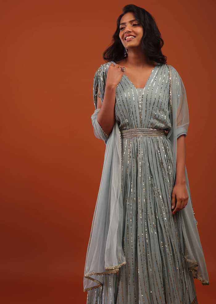 Slate Blue Georgette Anarkali Suit In Sequins And Sali Work