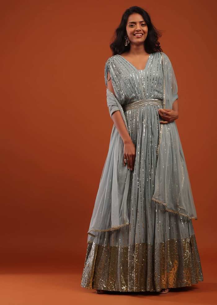 Slate Blue Georgette Anarkali Suit In Sequins And Sali Work
