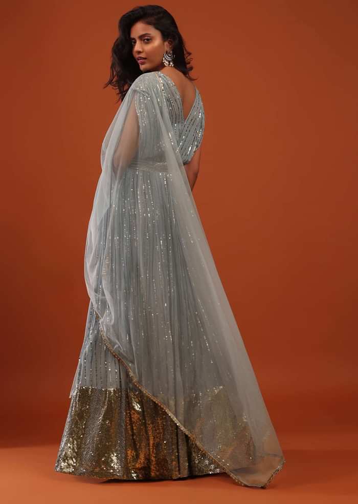 Slate Blue Georgette Anarkali Suit In Sequins And Sali Work