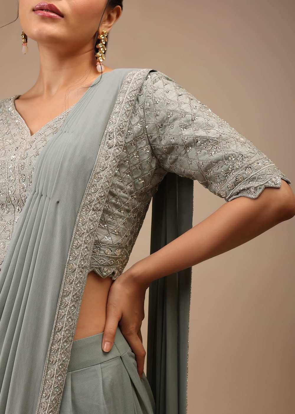 Slate Grey Lycra Blend Saree Finished In A Moroccan Jaal With Sequins Work And Cut Dana Floral Detailing