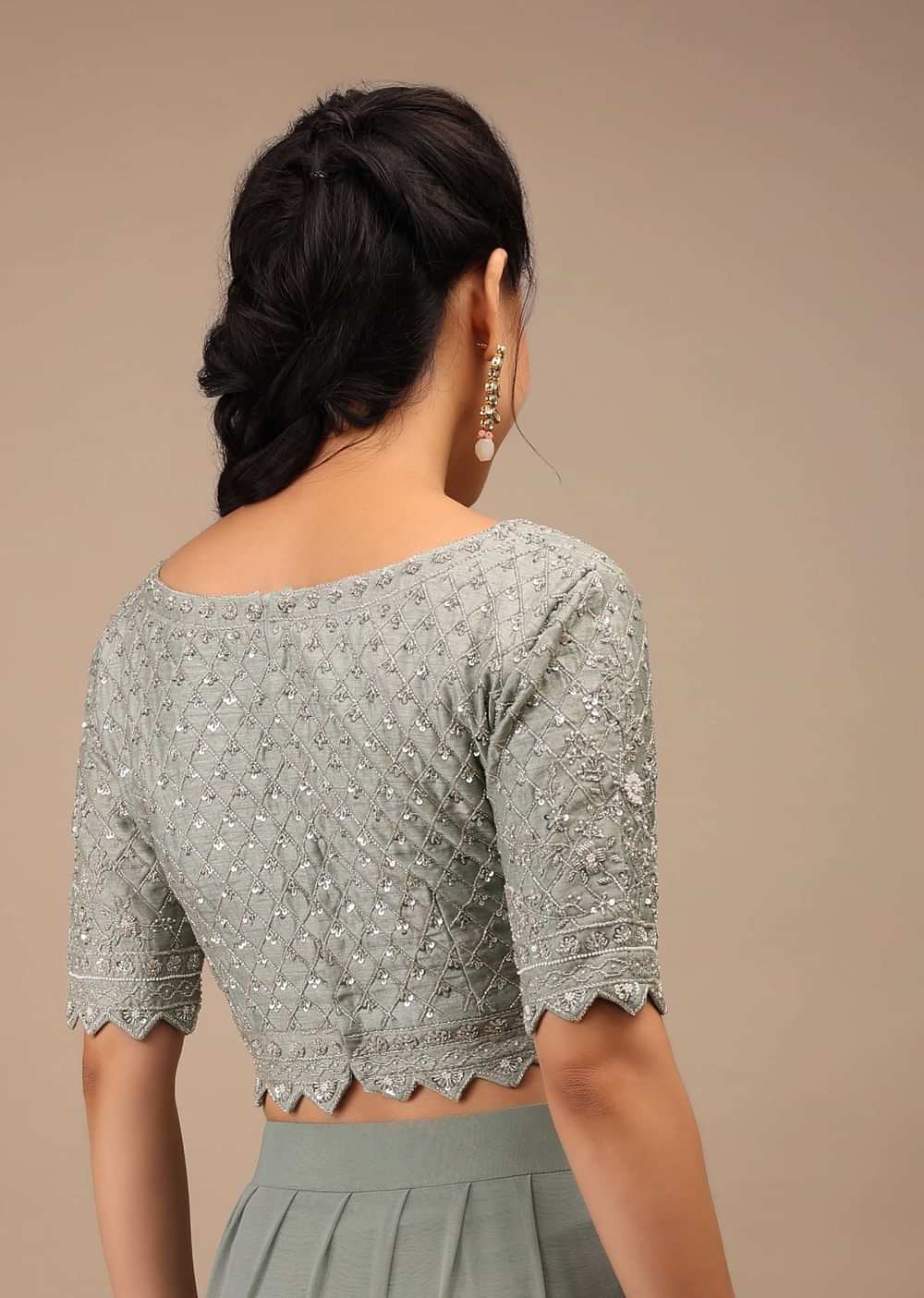 Slate Grey Lycra Blend Saree Finished In A Moroccan Jaal With Sequins Work And Cut Dana Floral Detailing