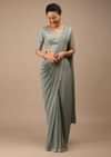 Slate Grey Lycra Blend Saree Finished In A Moroccan Jaal With Sequins Work And Cut Dana Floral Detailing