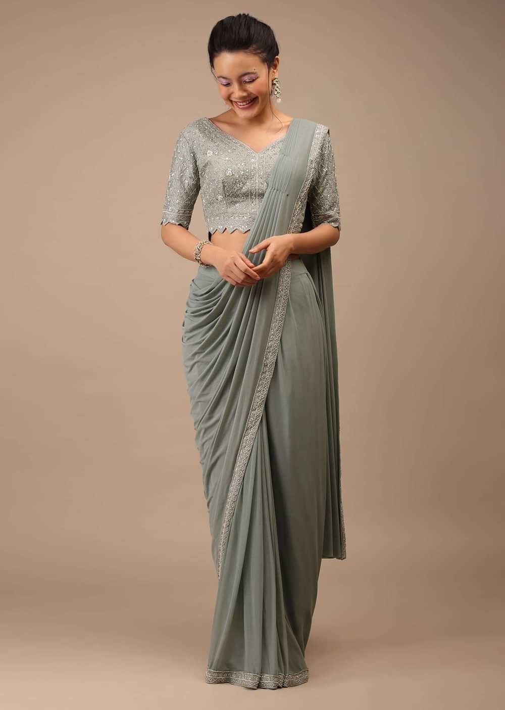 Slate Grey Lycra Blend Saree Finished In A Moroccan Jaal With Sequins Work And Cut Dana Floral Detailing