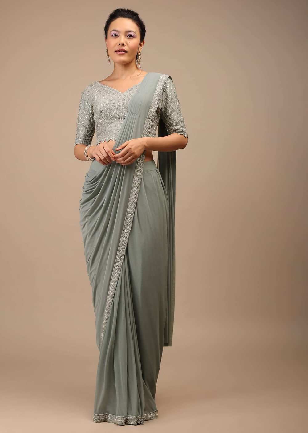 Slate Grey Lycra Blend Saree Finished In A Moroccan Jaal With Sequins Work And Cut Dana Floral Detailing