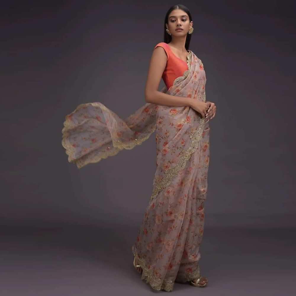 Smoke Grey Saree In Organza With Printed Floral Pattern And Scalloped Zari Lace Border Online - Kalki Fashion