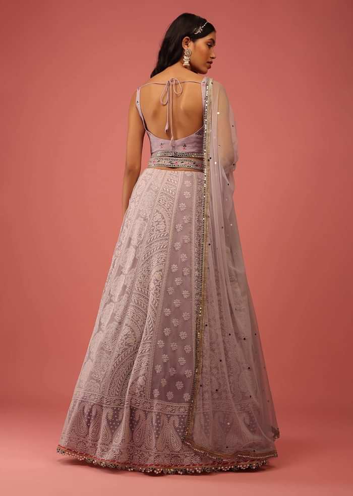 Lavender Purple Lehenga Choli With Lucknowi Thread Work And Multicolor Resham And Mirror Accents