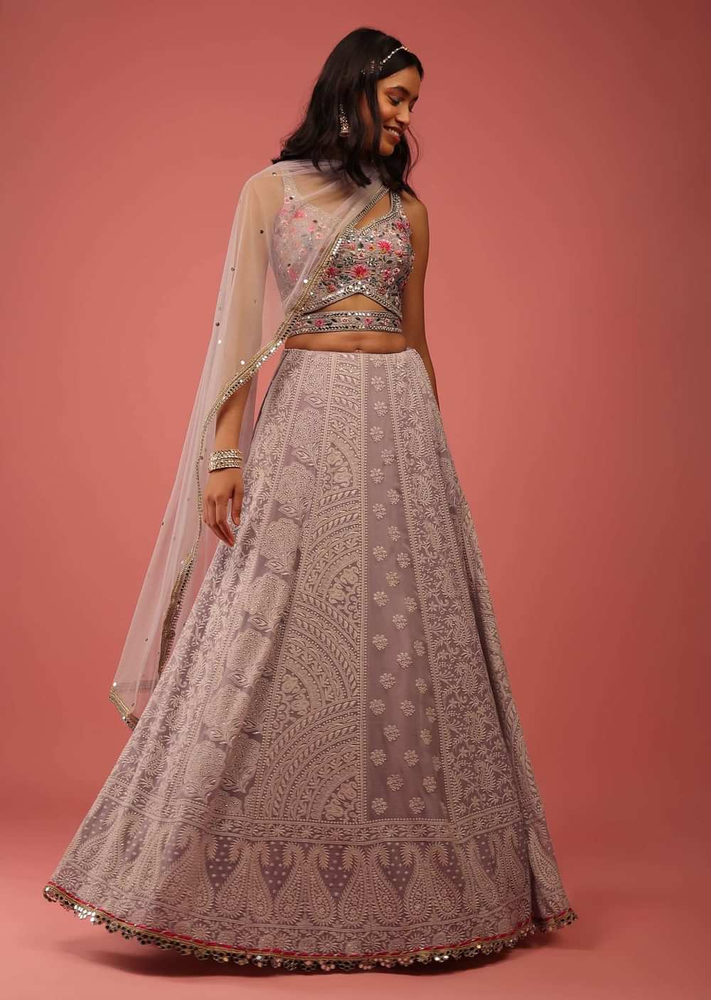Lavender Purple Lehenga Choli With Lucknowi Thread Work And Multicolor Resham And Mirror Accents