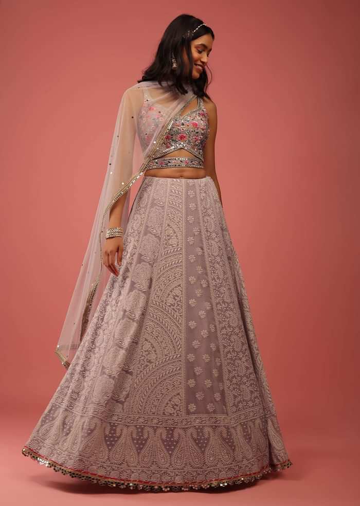 Lavender Purple Lehenga Choli With Lucknowi Thread Work And Multicolor Resham And Mirror Accents