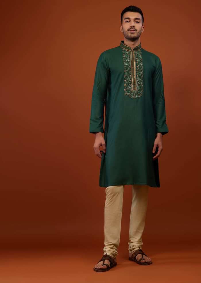 Emerald Green Embroidered Cotton Silk Kurta Set