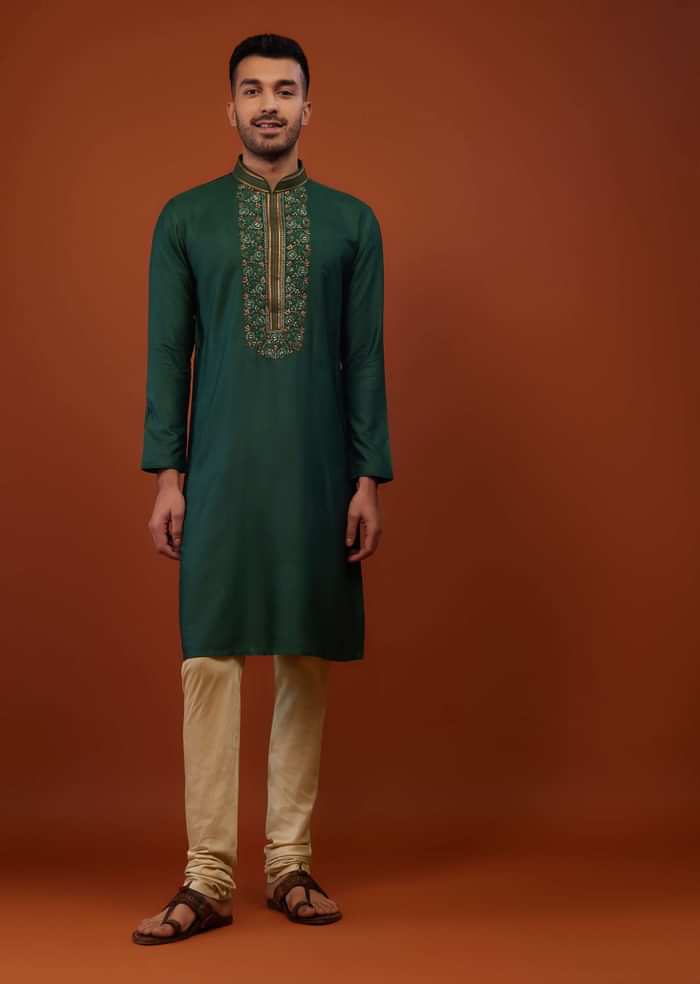 Emerald Green Embroidered Cotton Silk Kurta Set