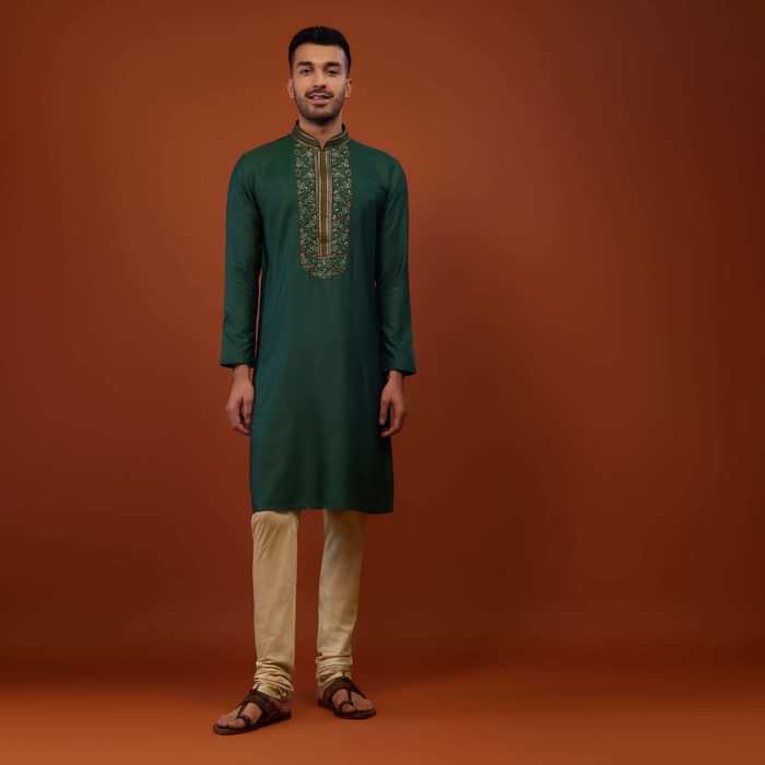Emerald Green Embroidered Cotton Silk Kurta Set