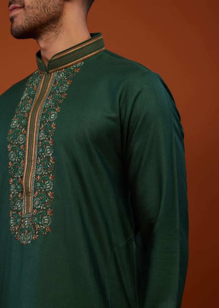 Emerald Green Embroidered Cotton Silk Kurta Set