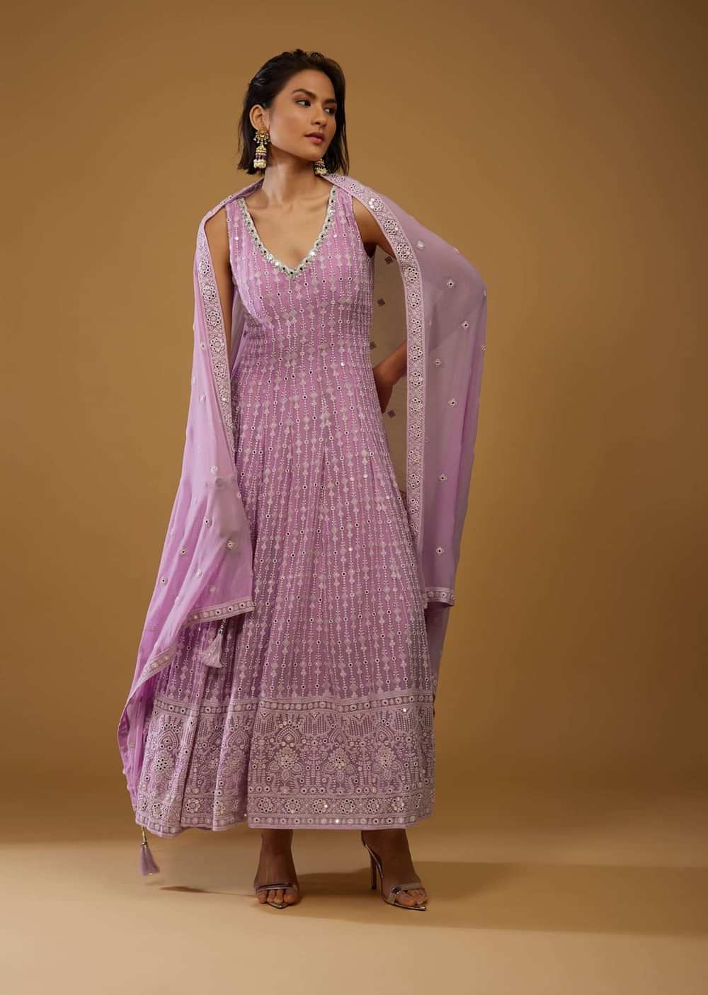 Lavender Purple Anarkali Suit With Chikankari Work And Mirror Embroidery