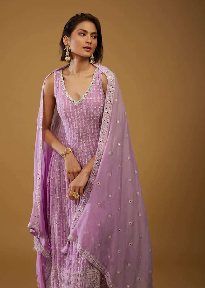 Lavender Purple Anarkali Suit With Chikankari Work And Mirror Embroidery