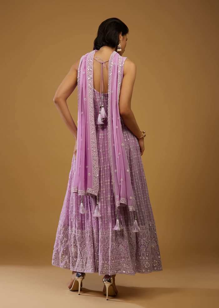 Lavender Purple Anarkali Suit With Chikankari Work And Mirror Embroidery