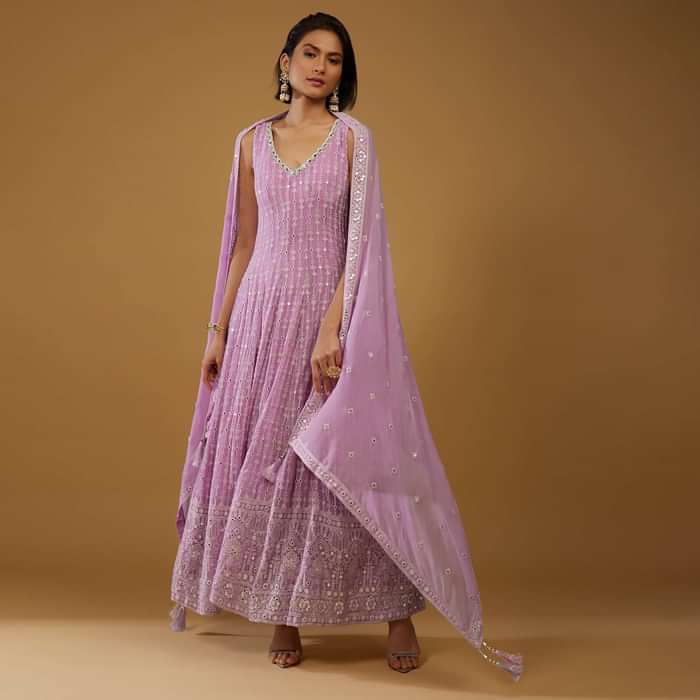 Lavender Purple Anarkali Suit With Chikankari Work And Mirror Embroidery