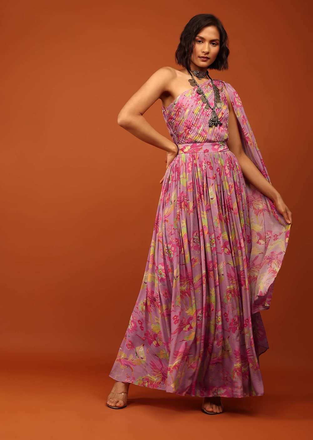 Lavender Purple Floral Print Jumpsuit With Slantly Pleated Bodice And Attached Drape On The Shoulder