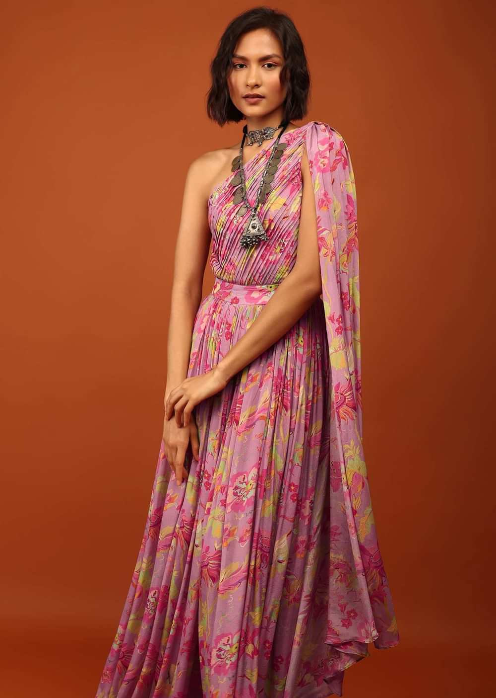 Lavender Purple Floral Print Jumpsuit With Slantly Pleated Bodice And Attached Drape On The Shoulder
