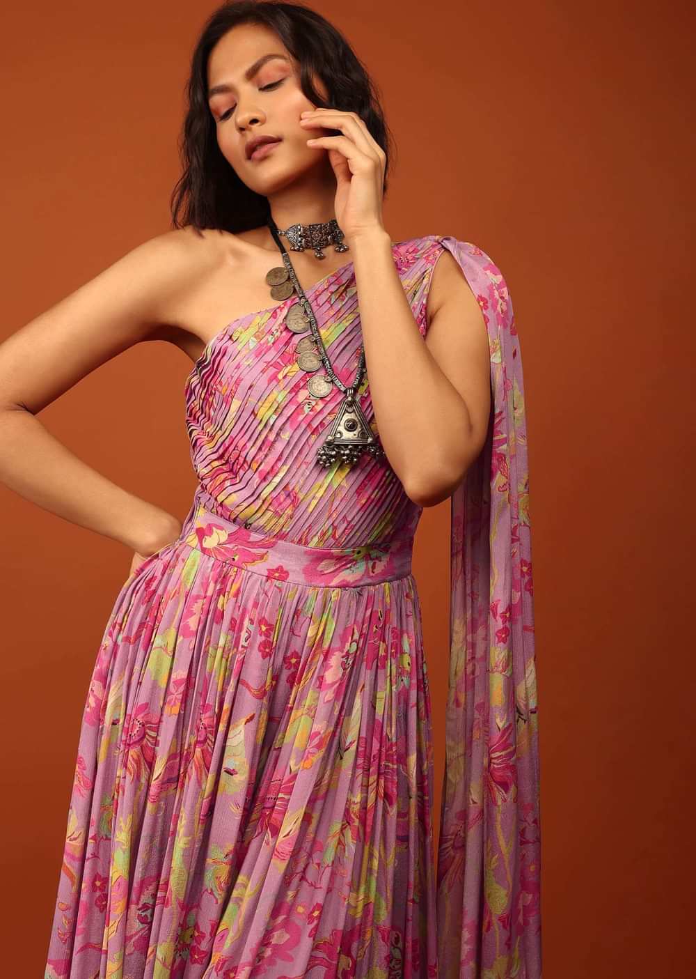 Lavender Purple Floral Print Jumpsuit With Slantly Pleated Bodice And Attached Drape On The Shoulder