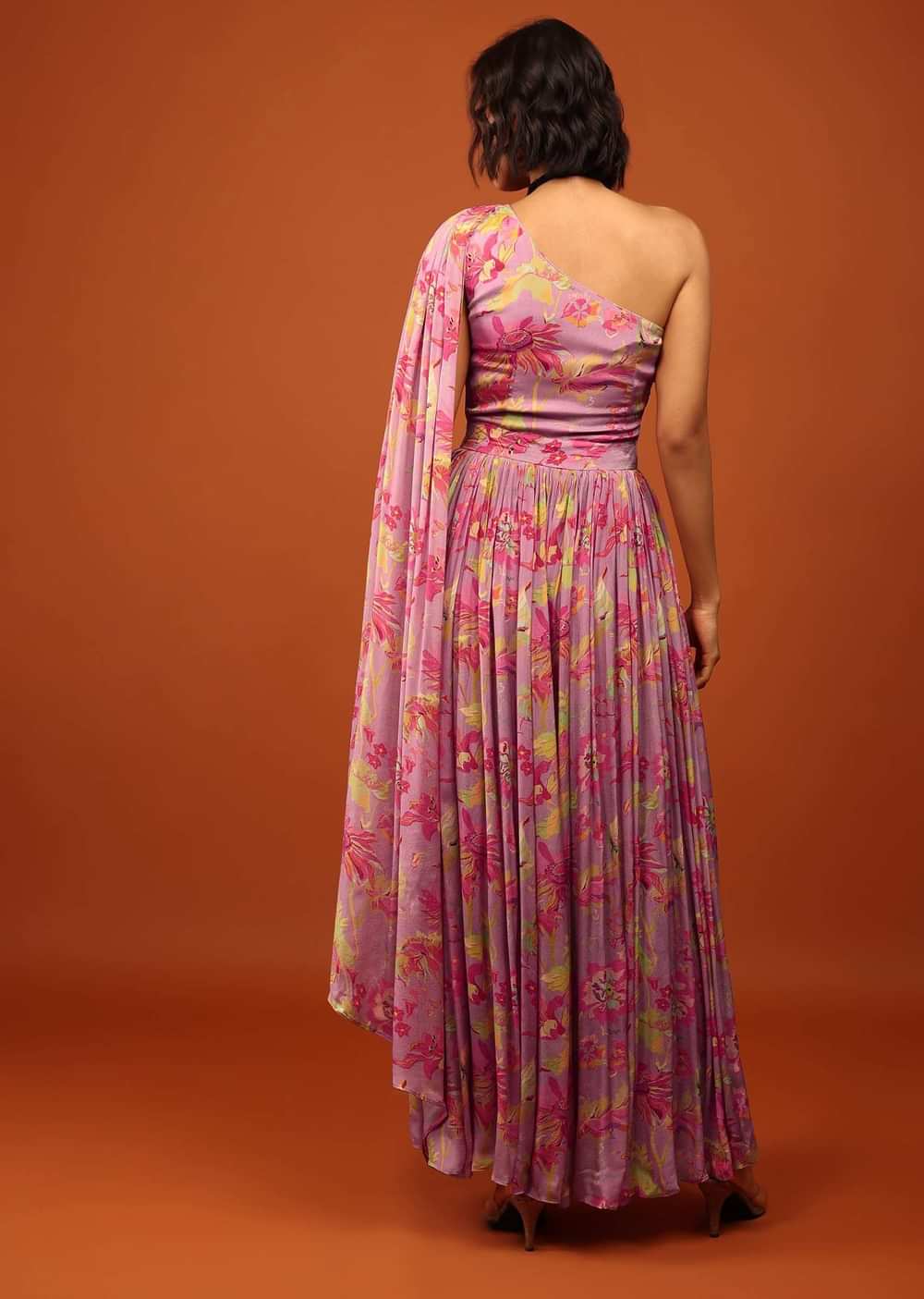 Lavender Purple Floral Print Jumpsuit With Slantly Pleated Bodice And Attached Drape On The Shoulder