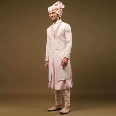 Beige White Silk Sherwani Set With Embroidery
