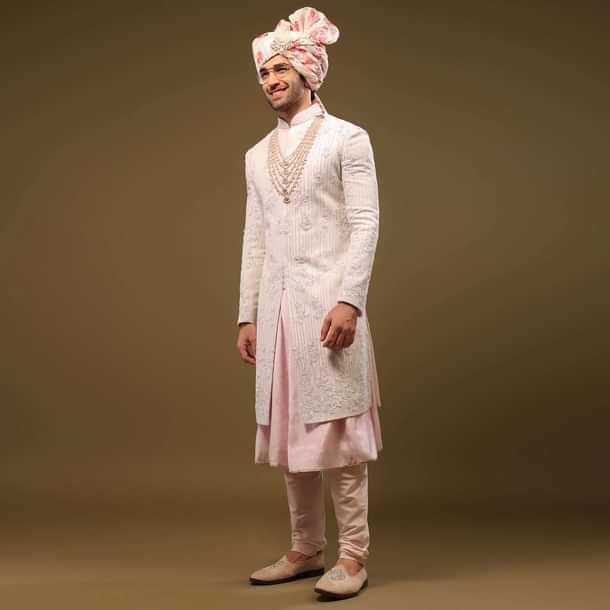 Beige White Silk Sherwani Set With Embroidery