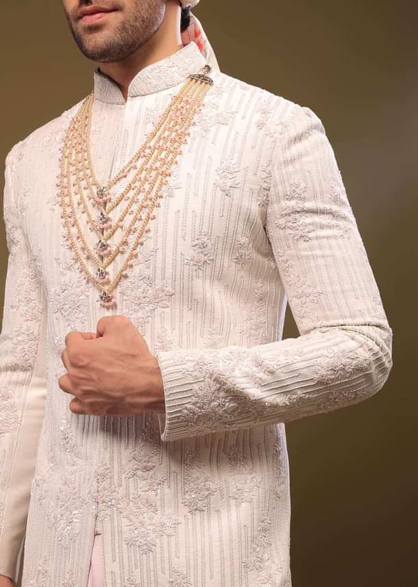 Beige White Silk Sherwani Set With Embroidery