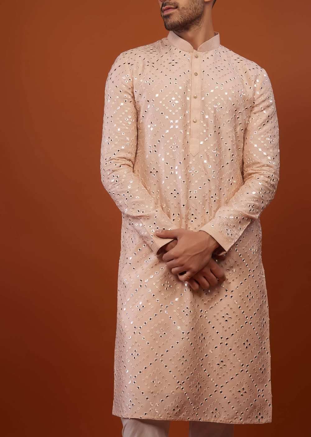 Candy Pink Embroidered Kurta Set With Mirror Work In Cotton Silk