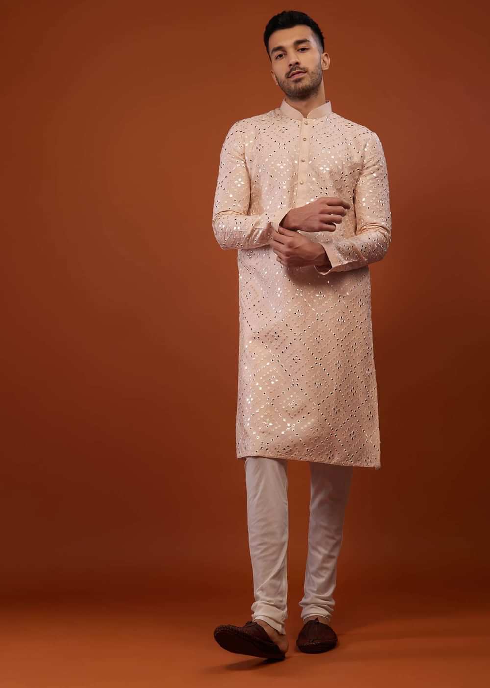 Candy Pink Embroidered Kurta Set With Mirror Work In Cotton Silk