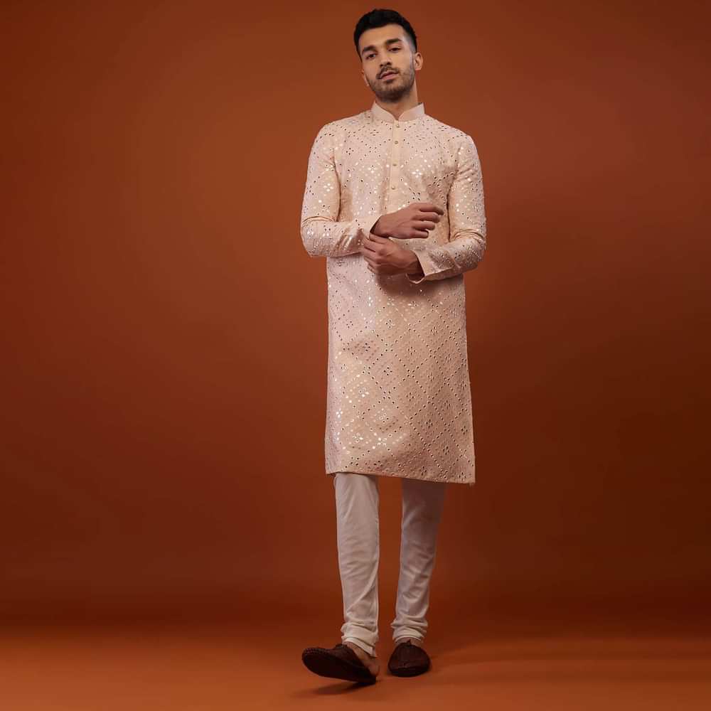 Candy Pink Embroidered Kurta Set With Mirror Work In Cotton Silk