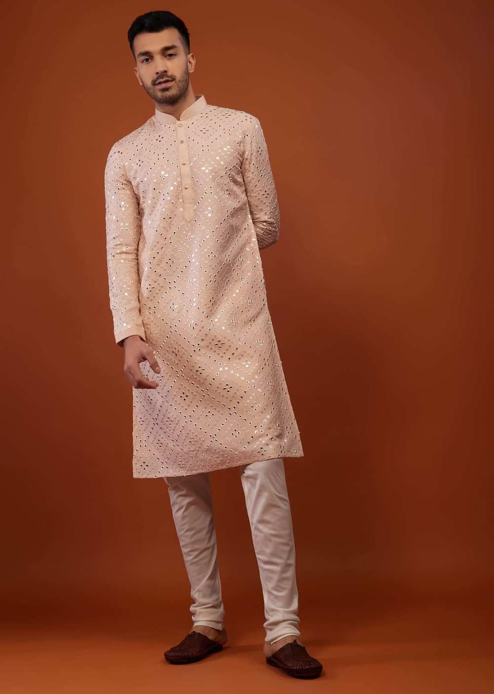 Candy Pink Embroidered Kurta Set With Mirror Work In Cotton Silk