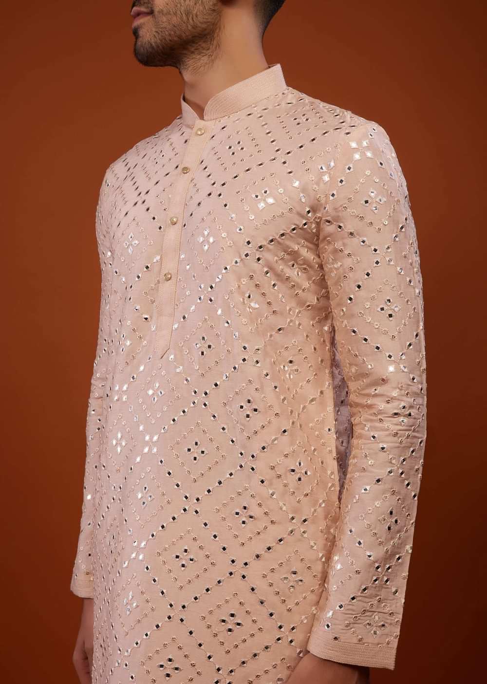 Candy Pink Embroidered Kurta Set With Mirror Work In Cotton Silk