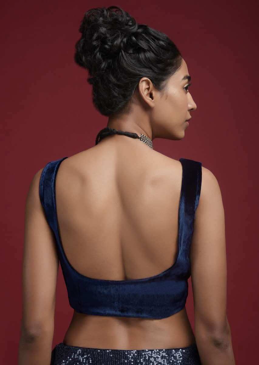 Space Blue Blouse In Velvet With Front Zip Opening
