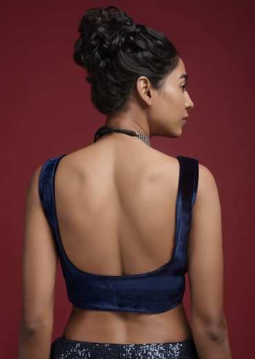 Space Blue Blouse In Velvet With Front Zip Opening