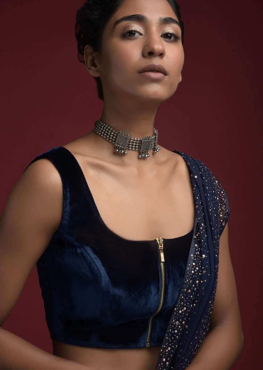 Space Blue Blouse In Velvet With Front Zip Opening