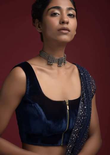 Space Blue Blouse In Velvet With Front Zip Opening