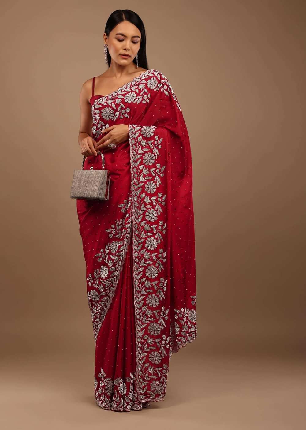 Spicy lollipop Red Satin Saree With Stonework In Floral Pattern